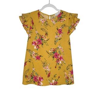 Ces Femme Short Flutter Sleeve Round Neck Floral Blouse Lightweight Small Yellow